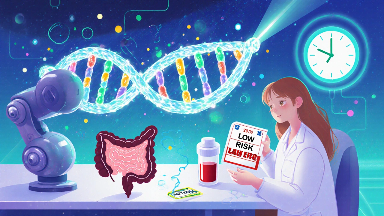 A glowing DNA test predicts low cancer risk, with patient smiling at a 10-year calendar.