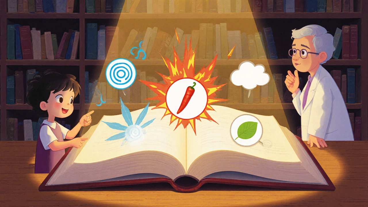 A glowing medical book shows animated pain relief ingredients as people discuss safely.