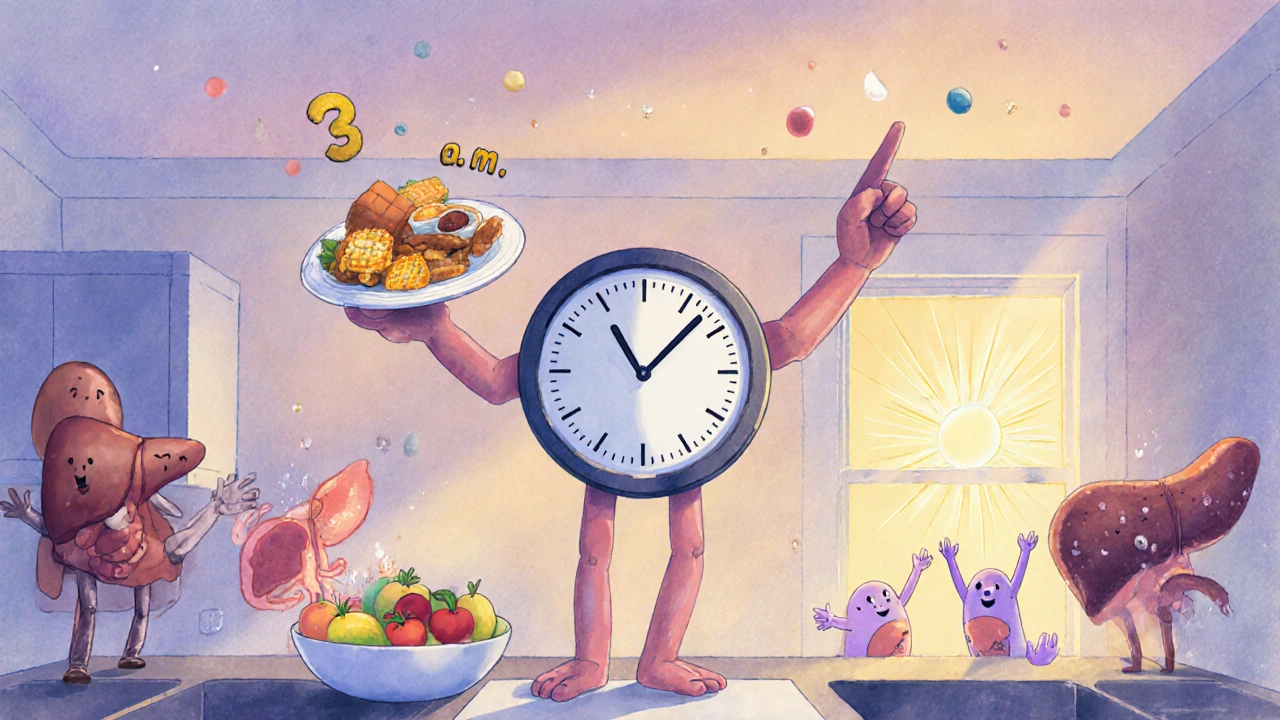 A human clock with arms as limbs stands in a kitchen, showing day and night eating times with food and sunlight.