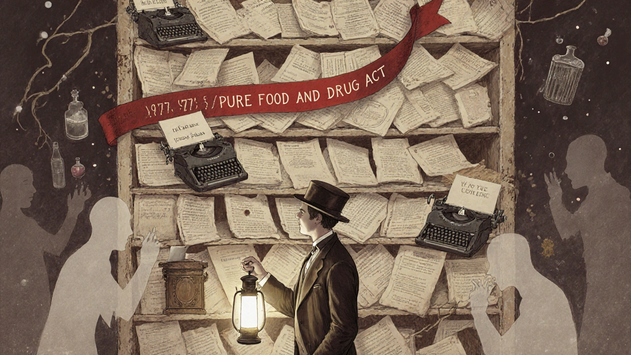 A librarian in 1900s attire holding a lantern before an old FDA archive with ghostly figures.