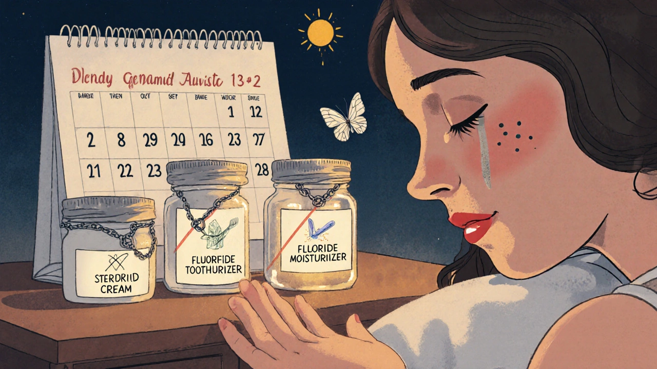 A nightstand with labeled jars of banned products and a calendar marking healing days under a rising sun.
