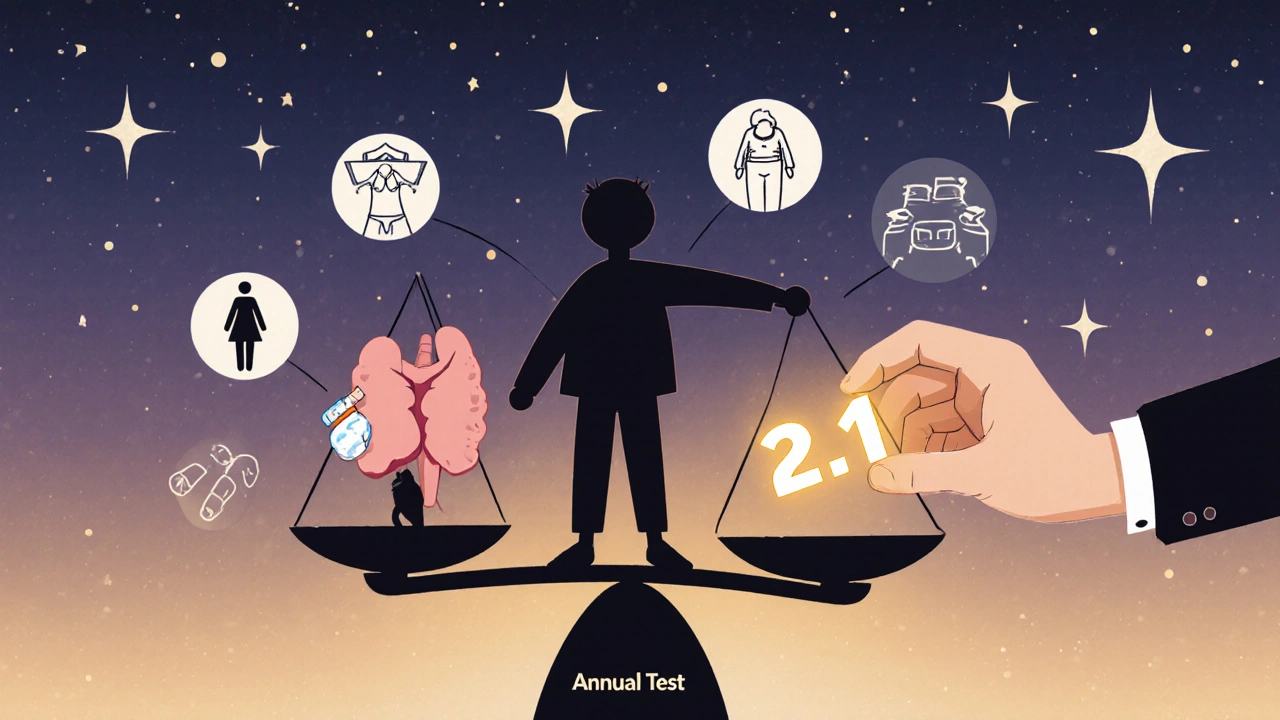 A person balanced on a scale with TSH number 2.1, surrounded by life factors like pregnancy and supplements, under a twilight sky.