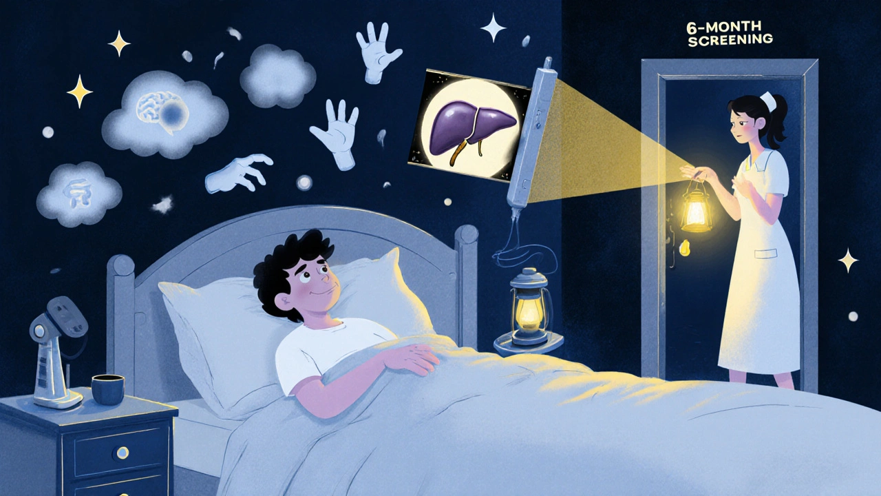 A person in bed surrounded by foggy brain symbols, with an ultrasound showing a tumor, illustrated in a night-time storybook style.