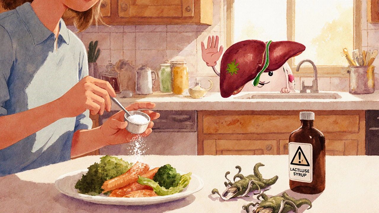A person measuring salt in a kitchen while a friendly liver character watches, with warnings about raw shellfish on the table.