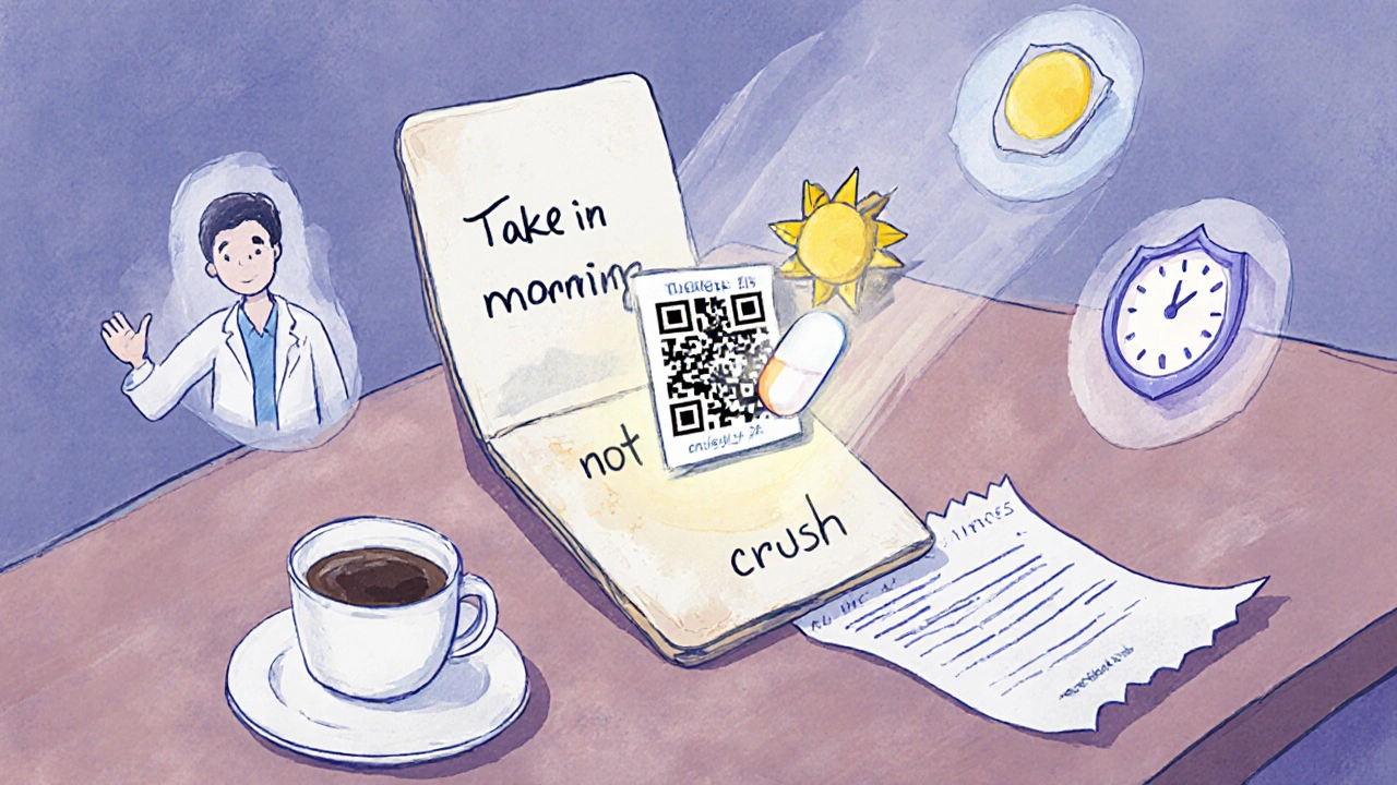A wallet card with handwritten medication instructions and glowing QR code, surrounded by icons of a clock, sun, and pharmacist.