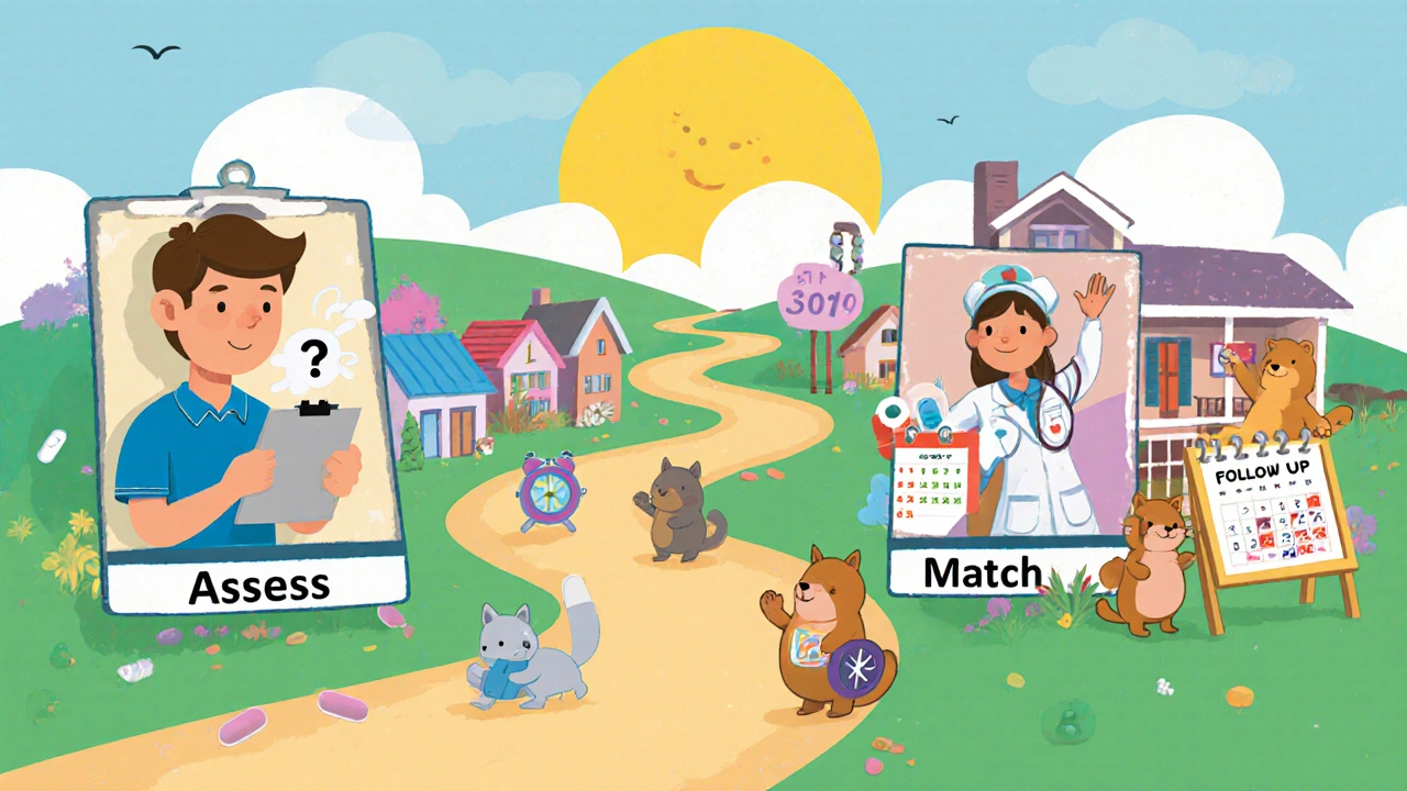 A whimsical three-step path shows assessing, matching, and following up for medication adherence with cheerful illustrations.
