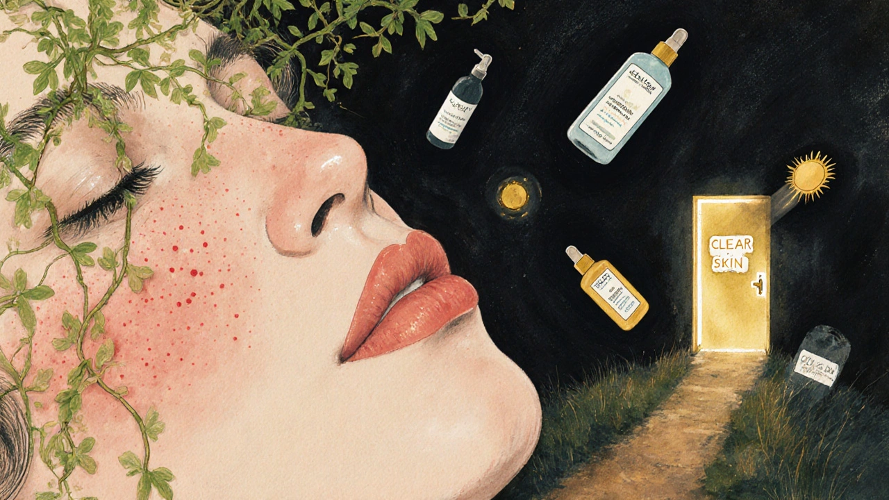 A woman’s face with a rash around her mouth, surrounded by healing vines and discarded irritants in dreamy illustration style.