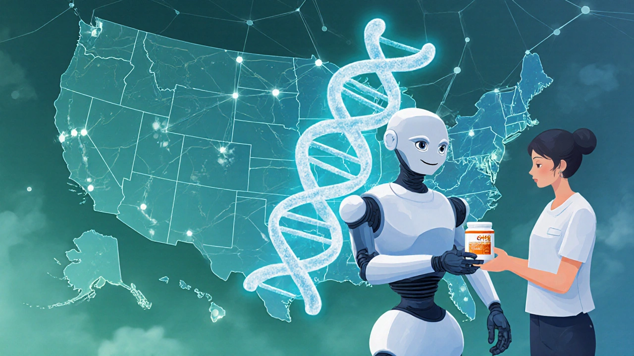 A worker receives generic medicine with a DNA hologram, representing personalized pharmacogenomic testing.