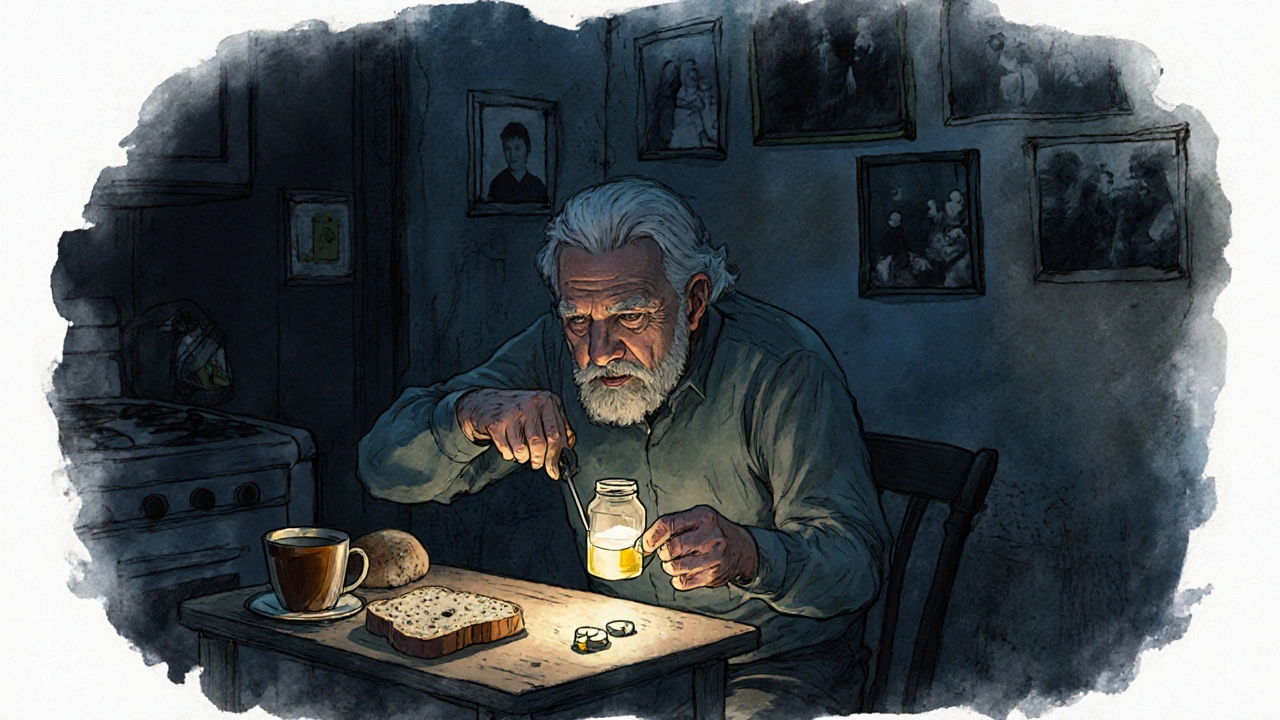 An elderly man splitting a pill in half at night with bread and tea nearby.