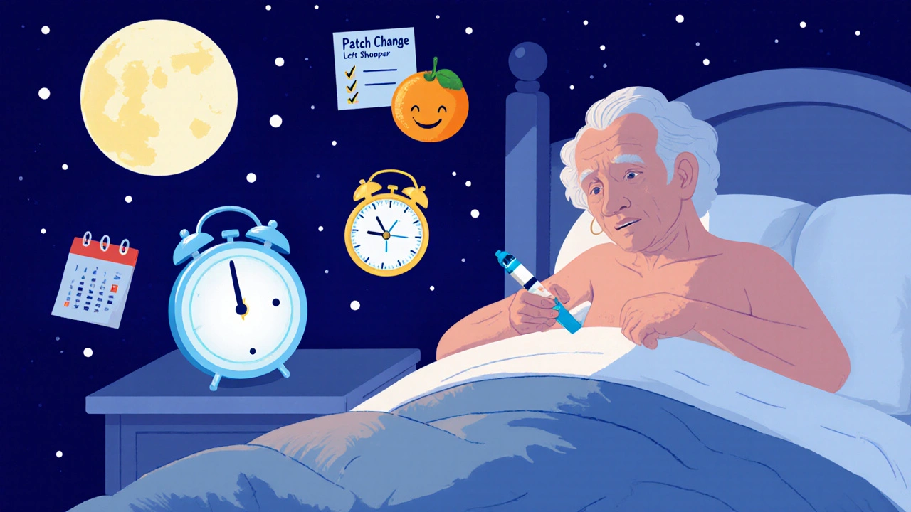 An elderly person uses an insulin pen at night with a glowing smart pen and sticky note reminder on the mirror.