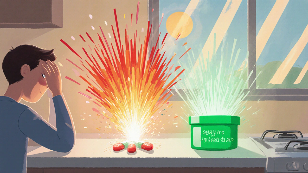 An immediate-release pill exploding in a burst of color beside a calm extended-release pill glowing evenly.