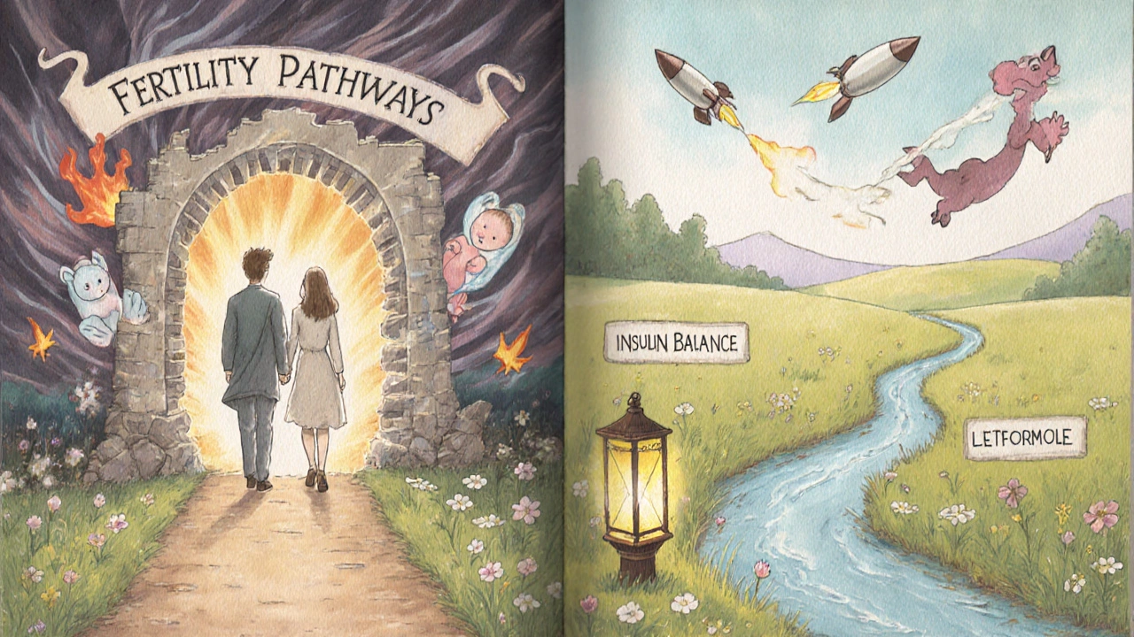 Couple walking through a magical fertility pathway, leaving behind a stormy Clomid castle toward a peaceful meadow with a glowing lantern.