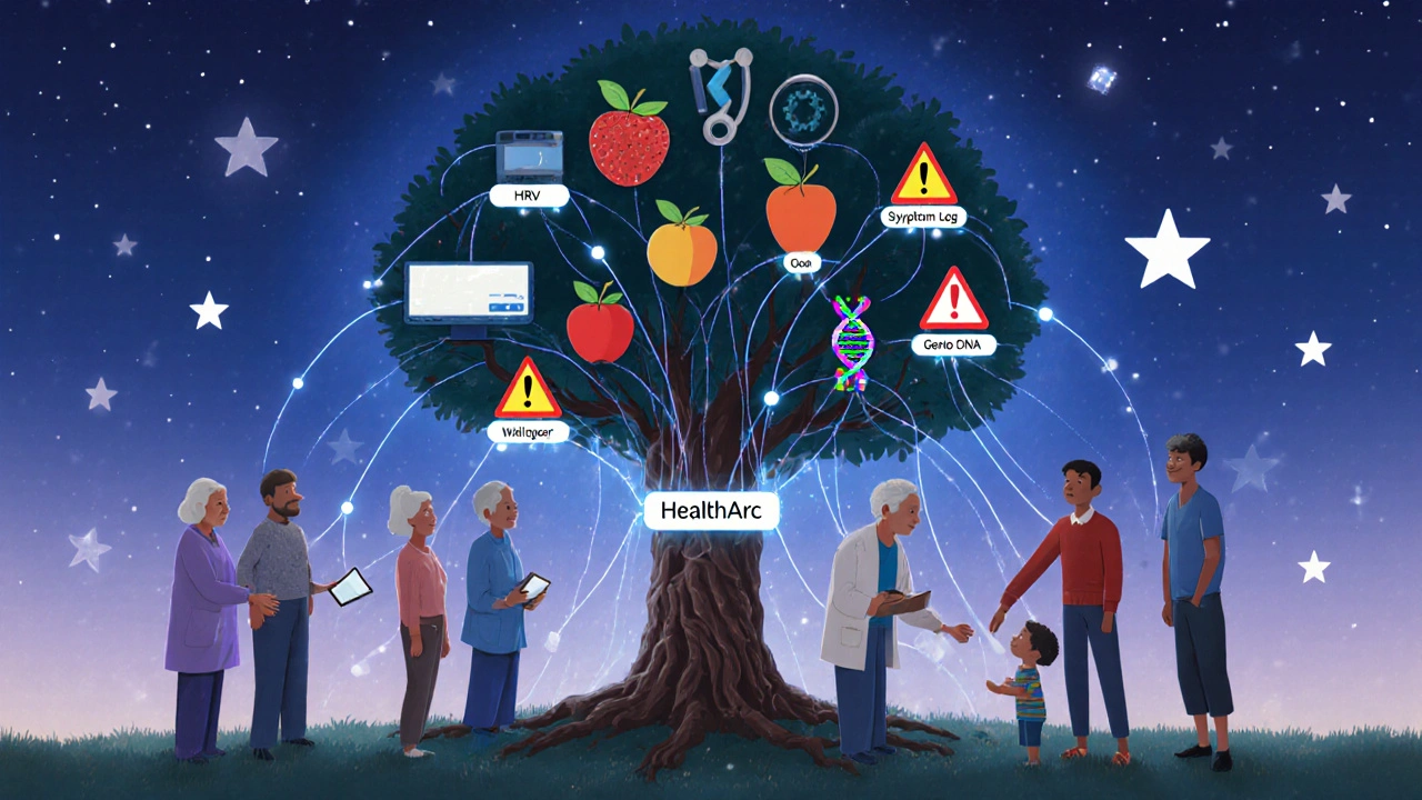Diverse patients connected by glowing threads to a health tree, symbolizing personalized medication monitoring.