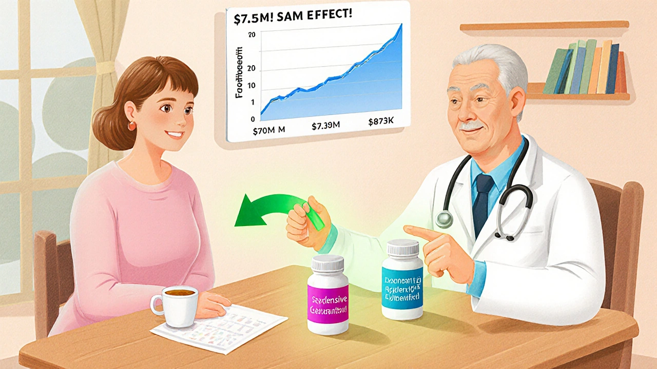 Doctor and patient comparing two identical pills with a chart showing massive cost savings.