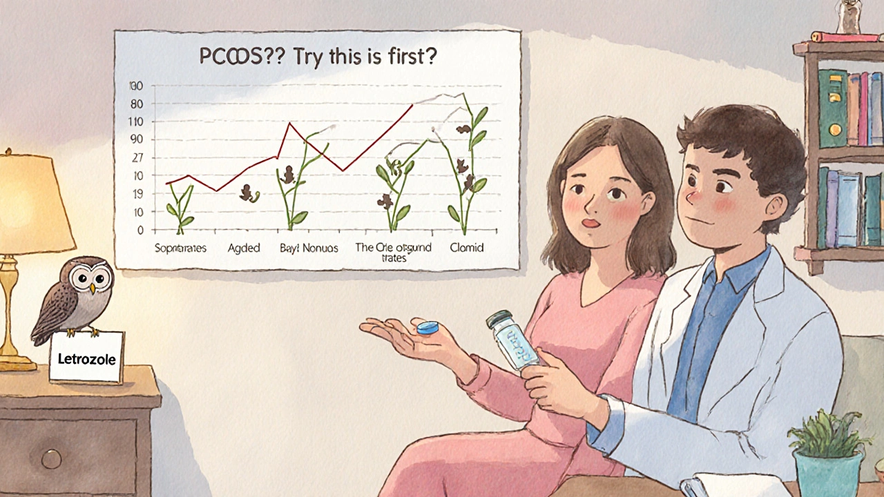 Doctor giving Letrozole to a woman in a cozy office, with an owl and illustrated fertility chart in the background.