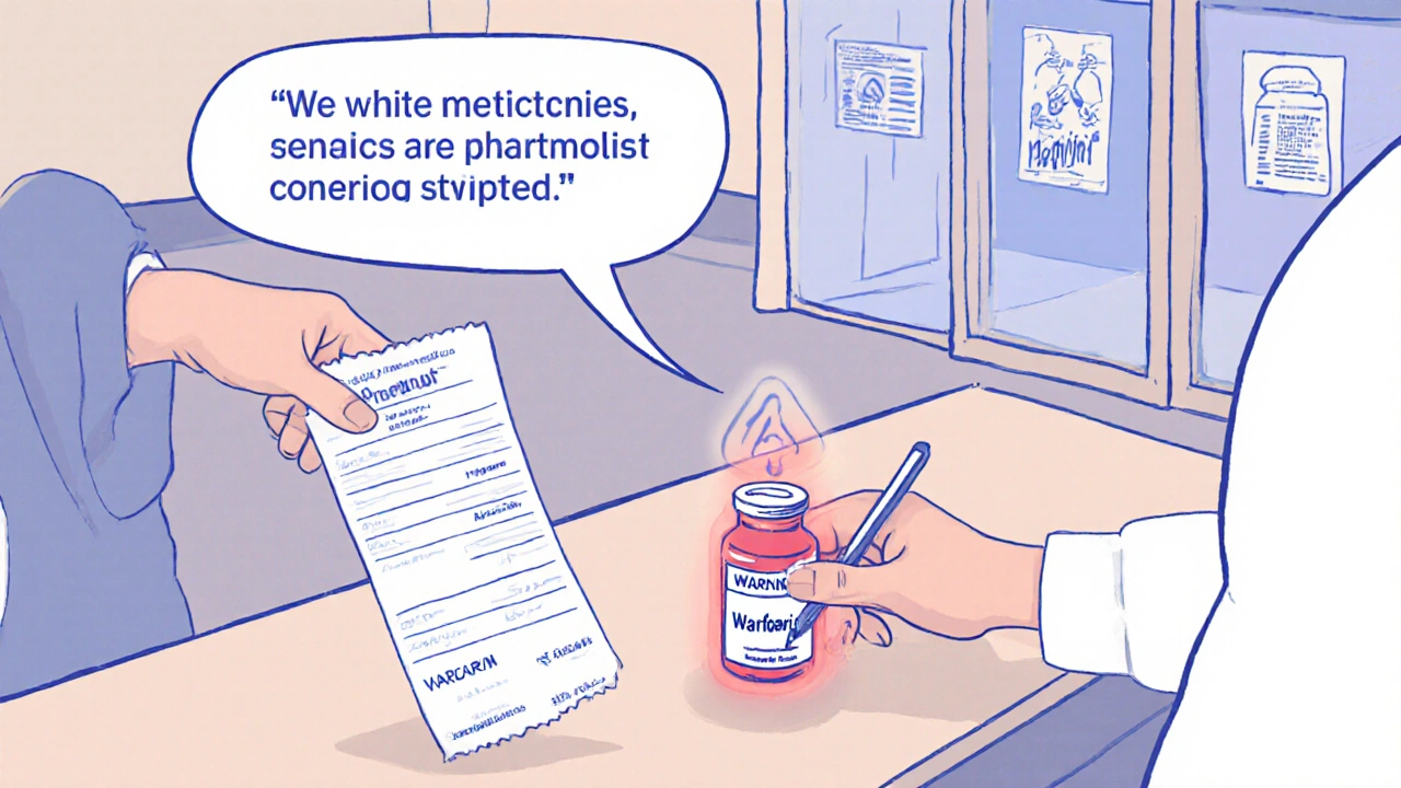 Patient receiving a receipt with a substitution notice, while a high-risk medication glows warning red.