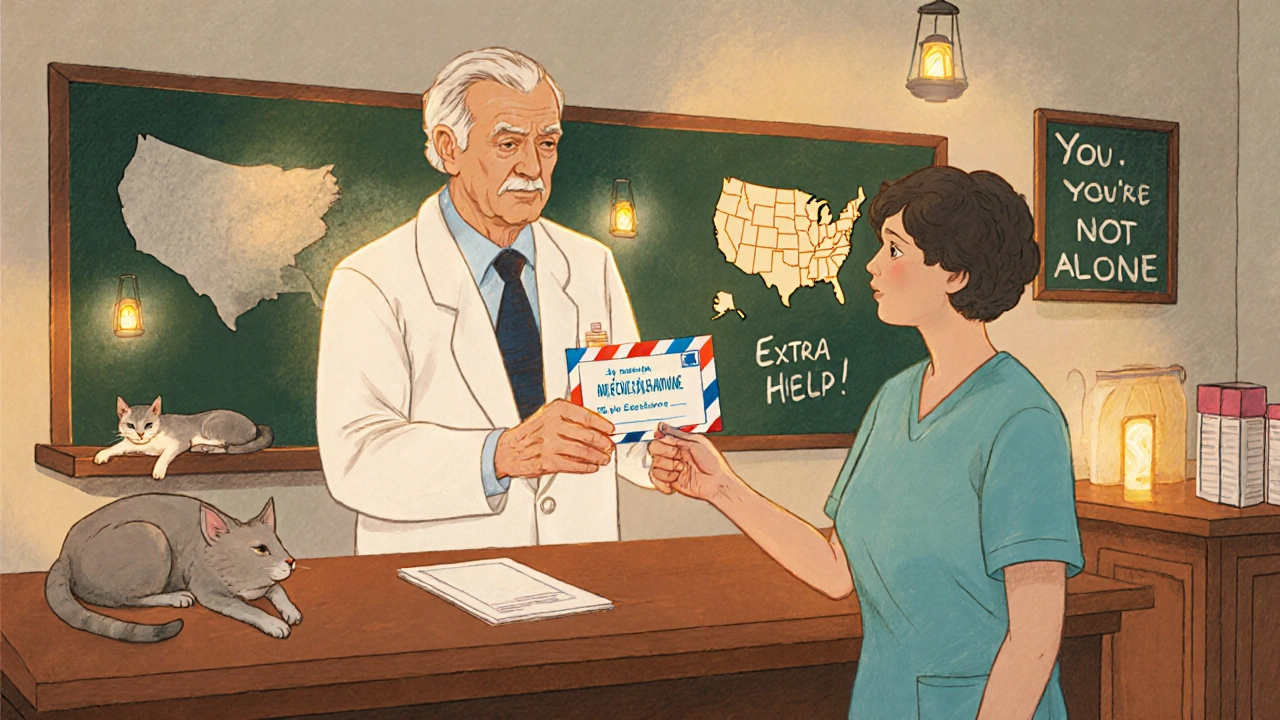 Pharmacist giving 90-day prescription to senior, with U.S. map showing state help programs glowing softly.