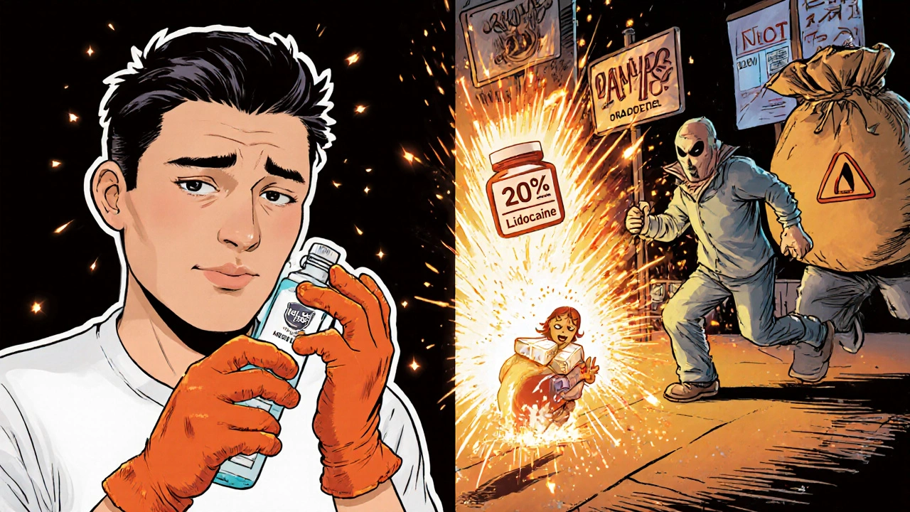 Safe capsaicin use vs. dangerous illegal lidocaine product explosion in split illustration.