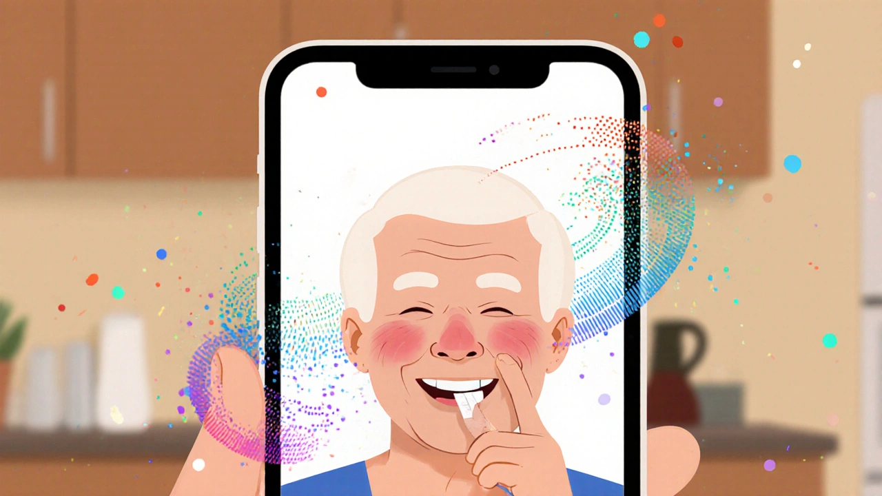 Smartphone showing AI face analysis detecting medication side effects with floating data particles.