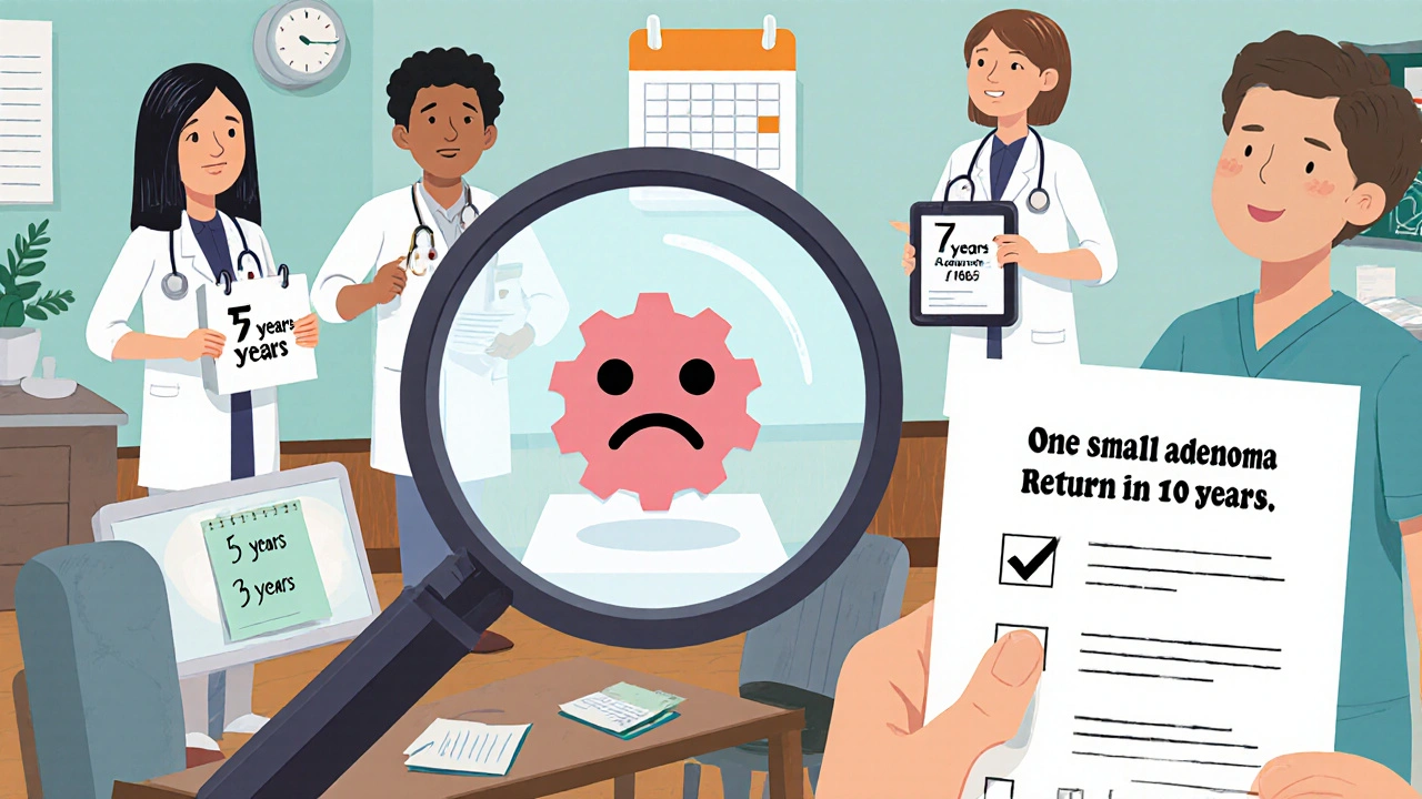 Three doctors argue over colonoscopy schedules while a patient holds a report saying &#039;Return in 10 years.&#039;