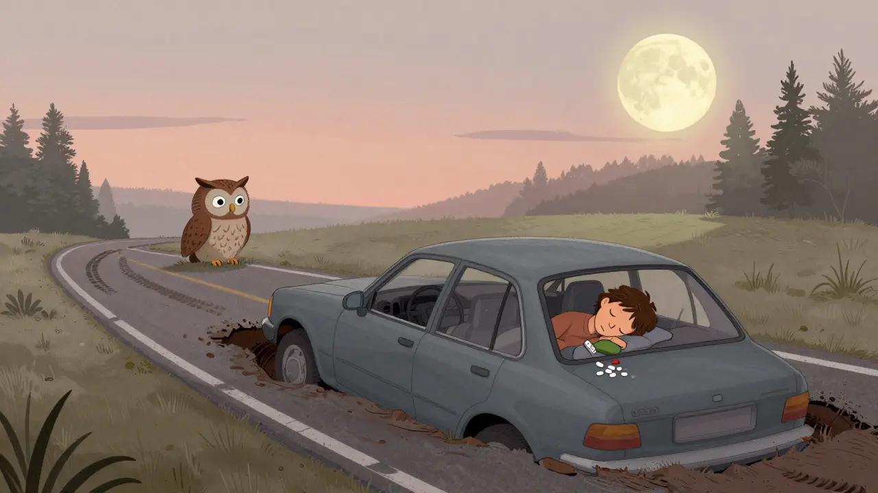 A car in a ditch at dawn, with a sleeping driver and sleep pills on the dashboard, watched by a concerned owl and moon.
