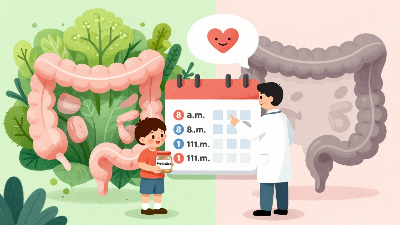 A child and doctor using a clock and calendar to show proper timing between antibiotics and probiotics.