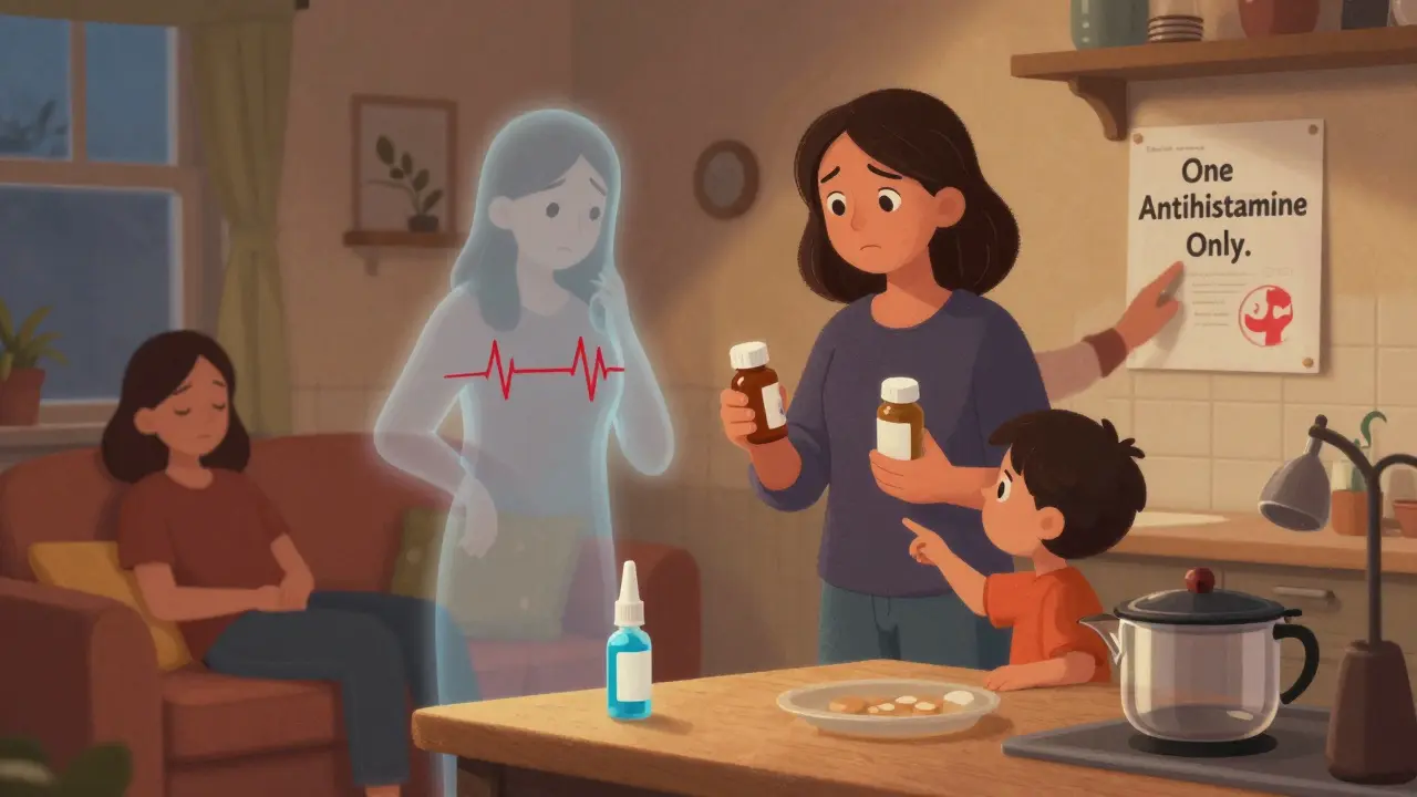 A confused mother surrounded by ghostly versions of herself, with safe alternatives on the counter.