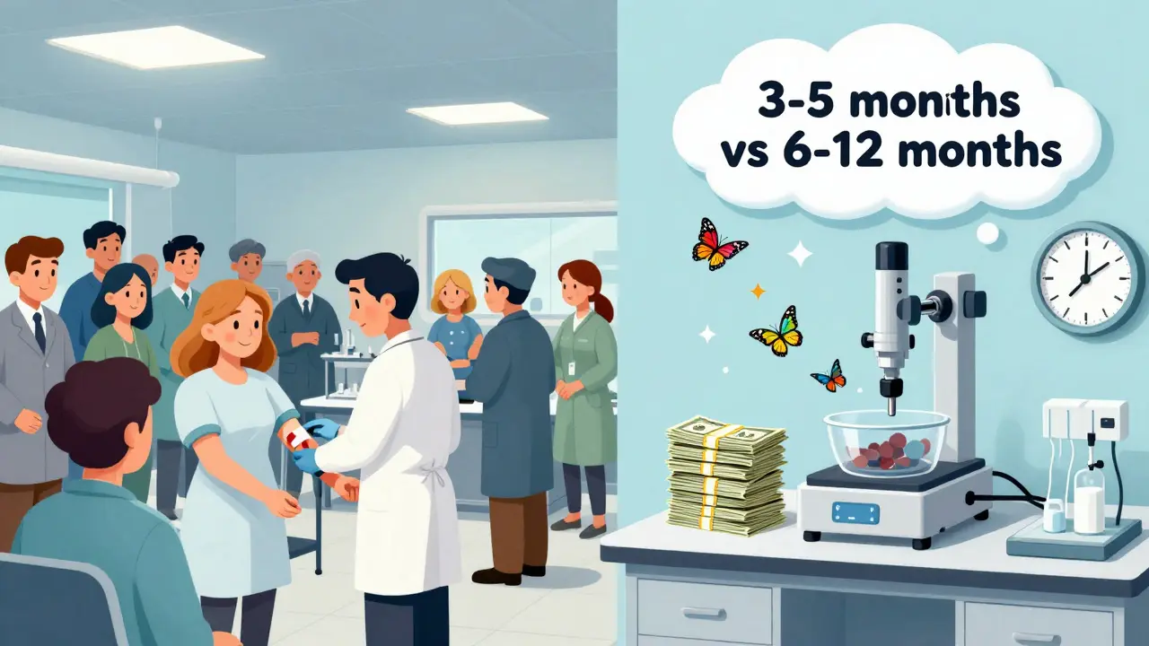 A costly human trial on one side, a simple lab test on the other, with money turning into butterflies to show cost savings.