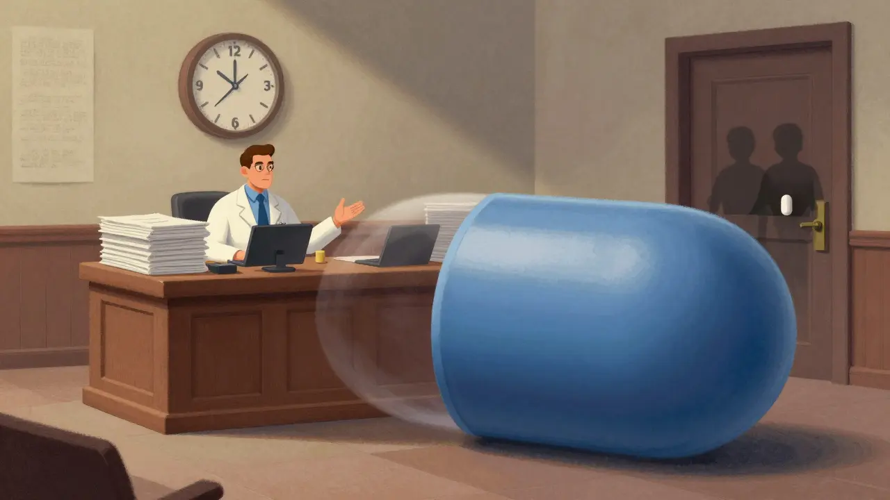 A courtroom inside a pill capsule features a lawyer arguing before a judge made of FDA forms, with a 30-month clock ticking down.