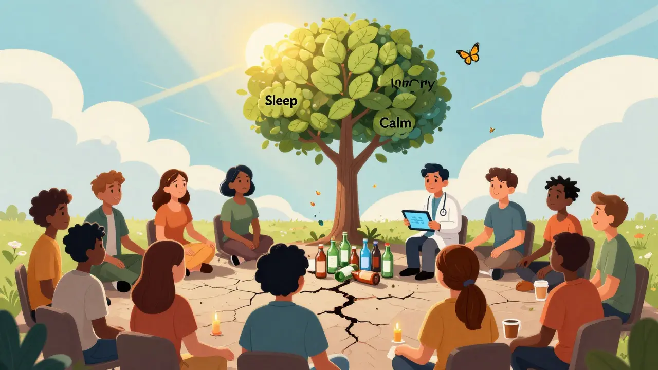 A diverse group in recovery under a healing tree, with butterflies rising from broken bottles below.