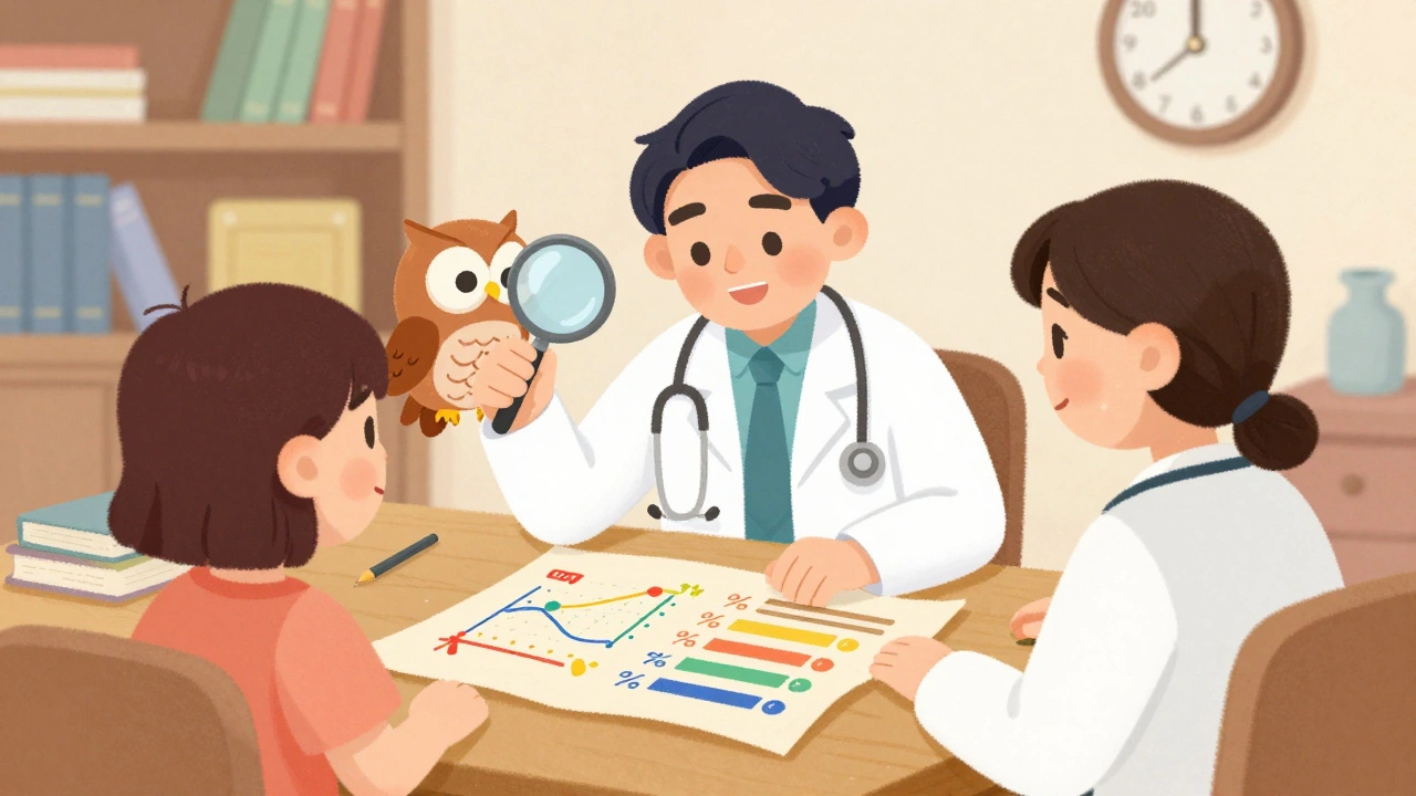 A doctor and patient review a colorful restart plan on parchment, with a wise owl watching nearby.