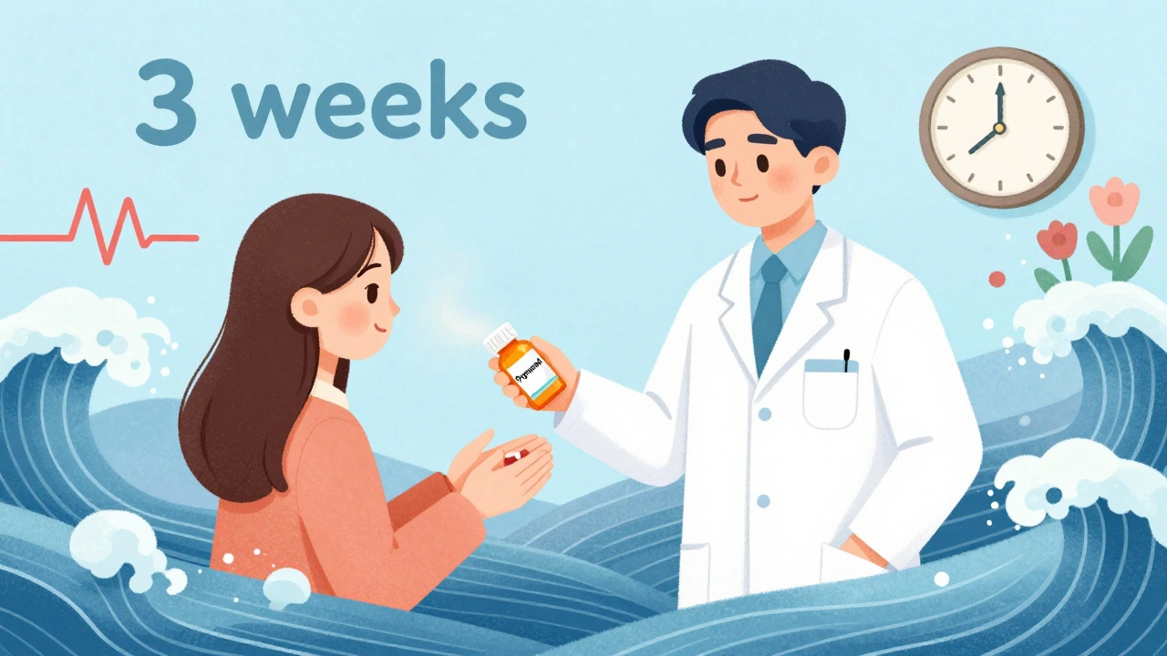 A doctor giving a beta-blocker pill as calming waves quiet hyperthyroidism symptoms in a soft pastel illustration.