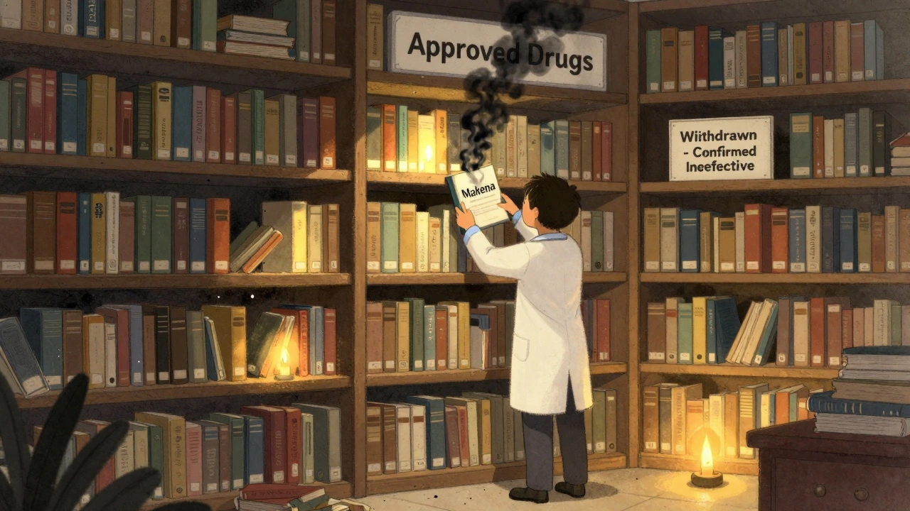 A doctor pulls a withdrawn drug book from a towering library shelf illuminated by candlelight.