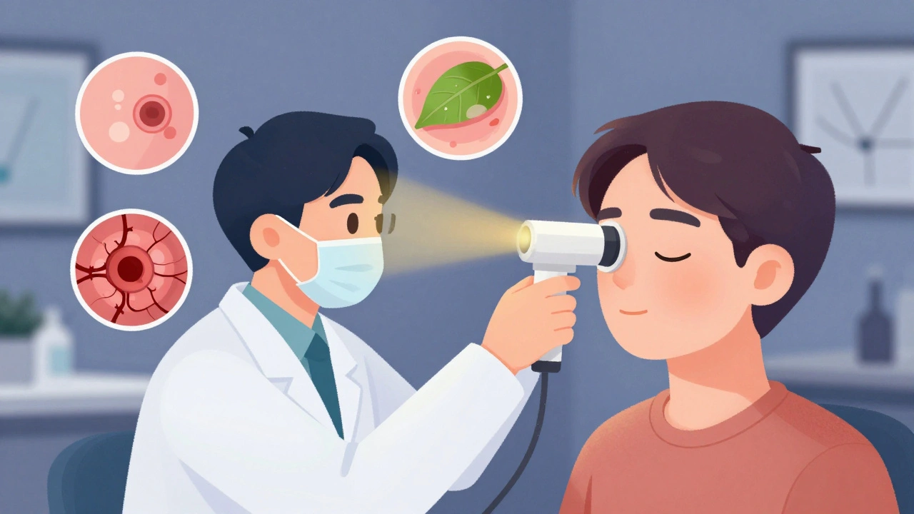 A doctor using a golden laser to treat an eye, with stages of retinopathy floating around in illustration.