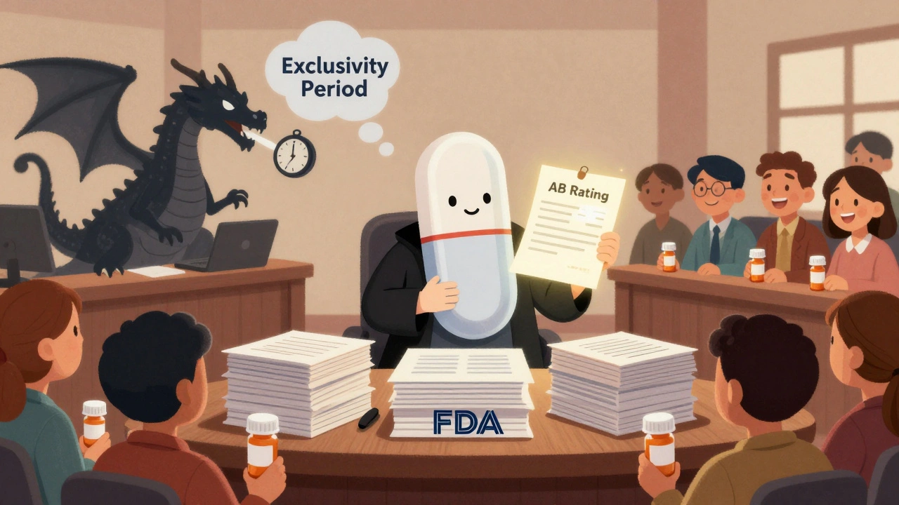 A generic pill presents an AB Rating certificate to a judge made of documents, while a patent dragon watches in a storybook courtroom.