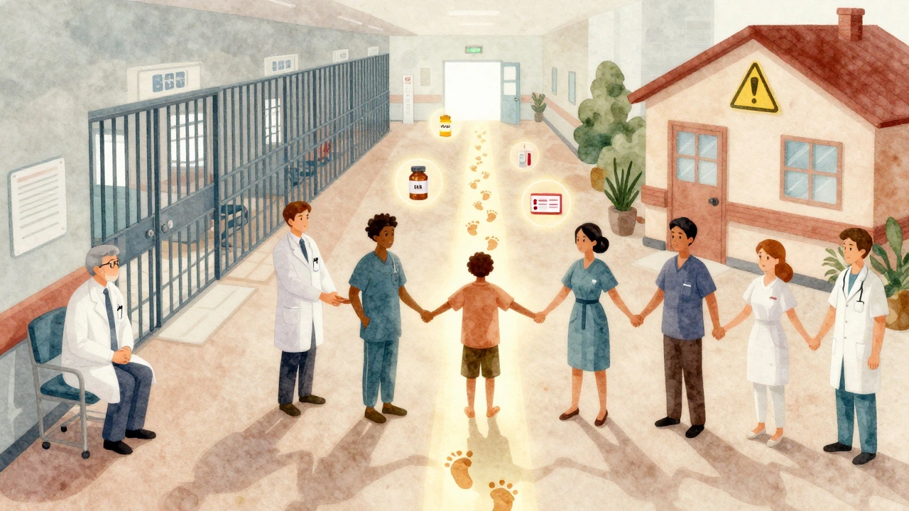 A glowing path connects hospital, prison, and home with healthcare team holding hands around a patient, illustrating care continuity.
