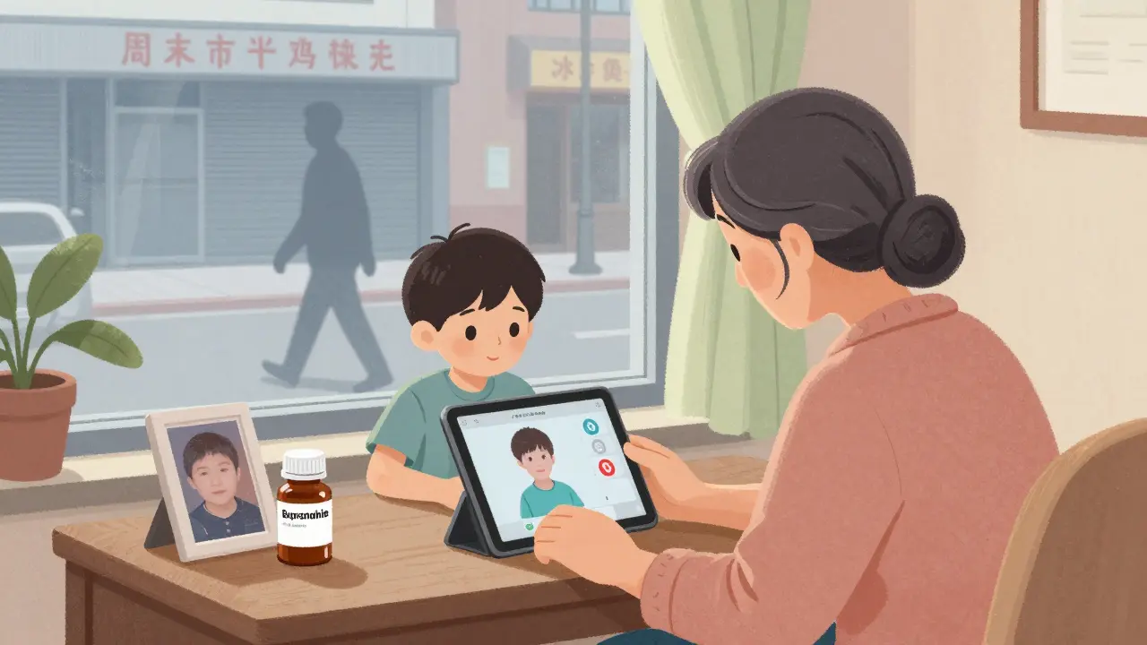 A grandmother watching her grandson on a tablet during a telehealth appointment, medicine bottle beside a photo.