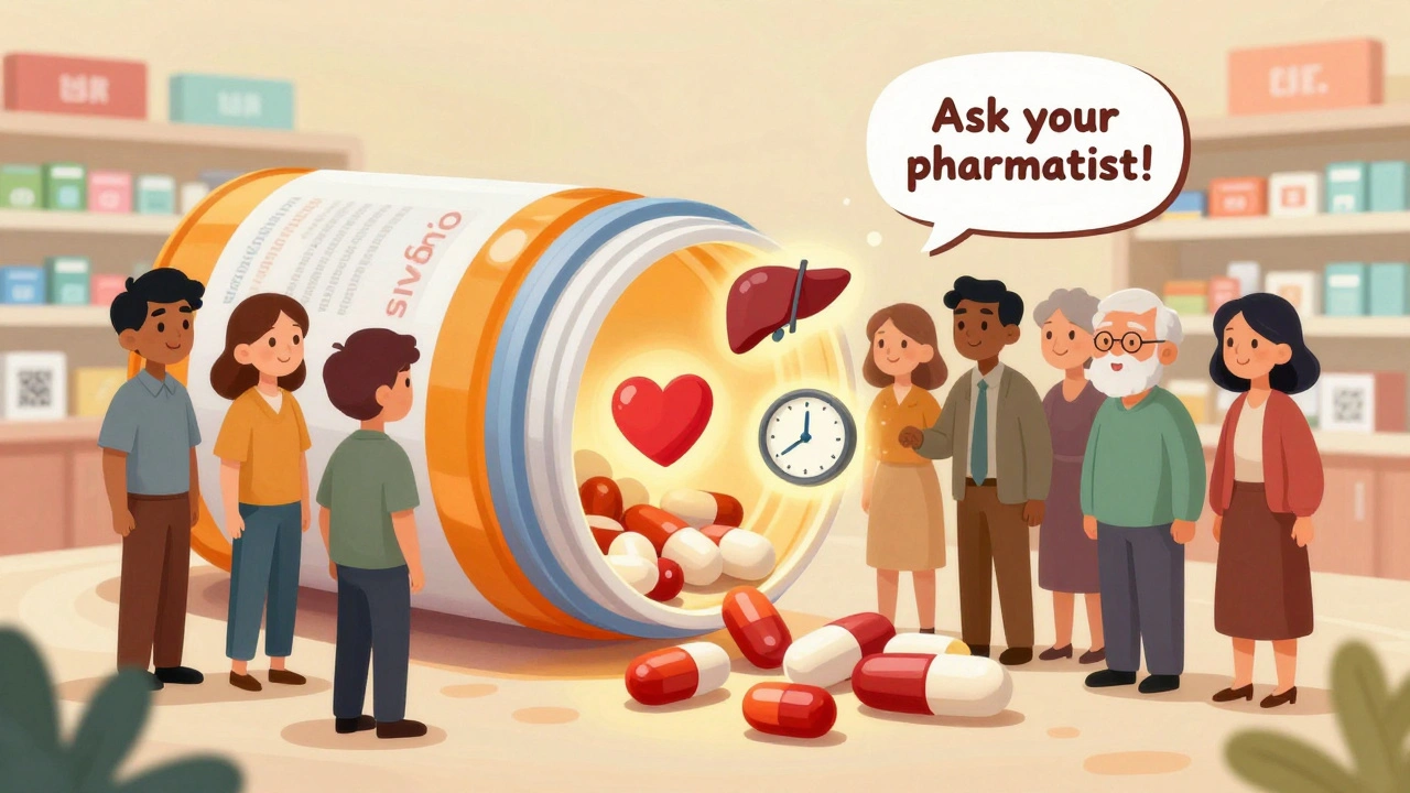 A group of people gathered around a glowing pill bottle revealing helpful icons for medication safety and understanding.