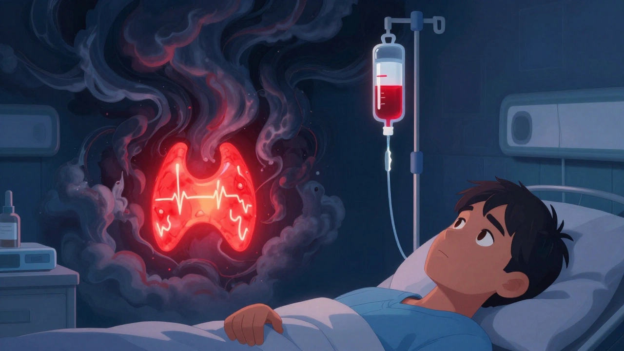 A hospital emergency scene where an IV calms a raging thyroid storm in dramatic storybook style.