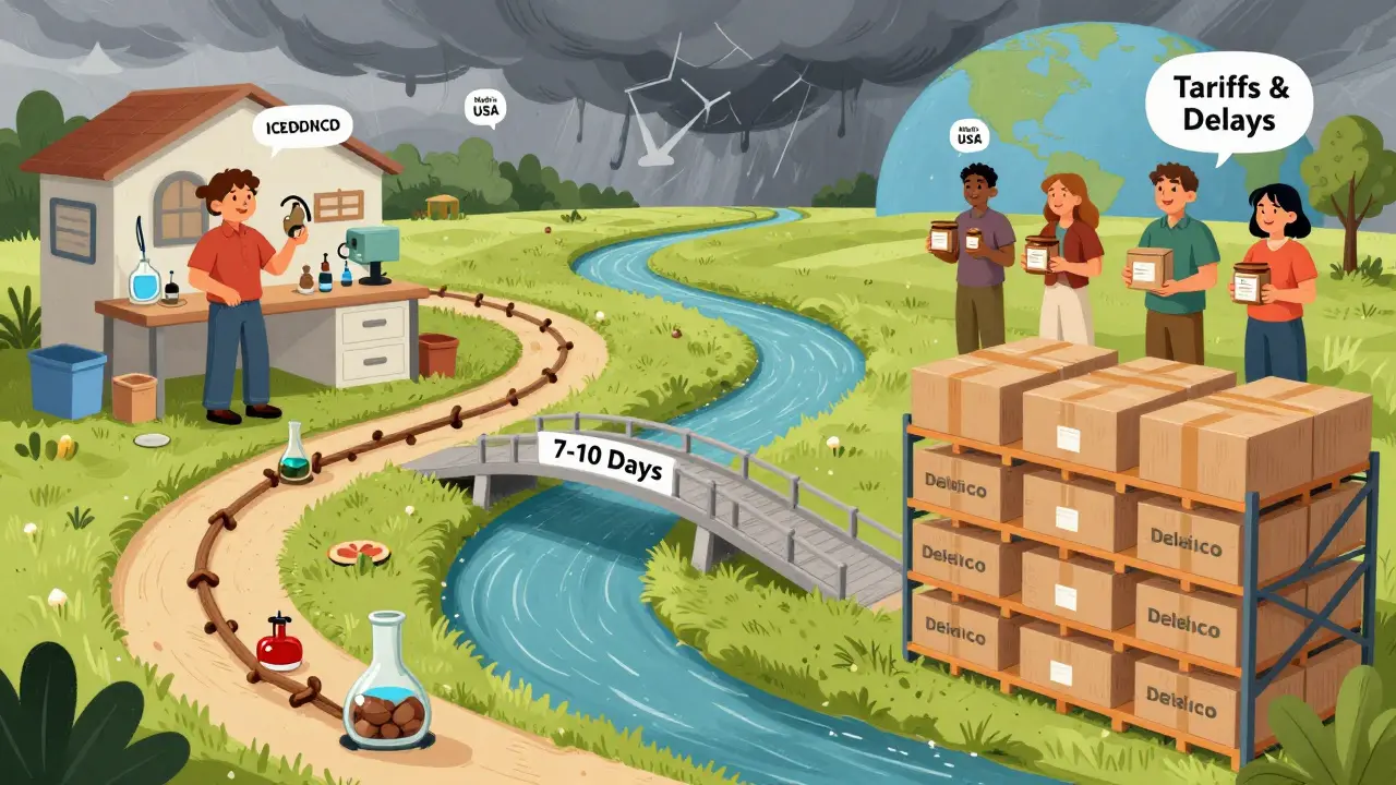 A hybrid supply chain path connecting a U.S. lab to a Mexican warehouse with a short bridge, while happy consumers hold locally made products.