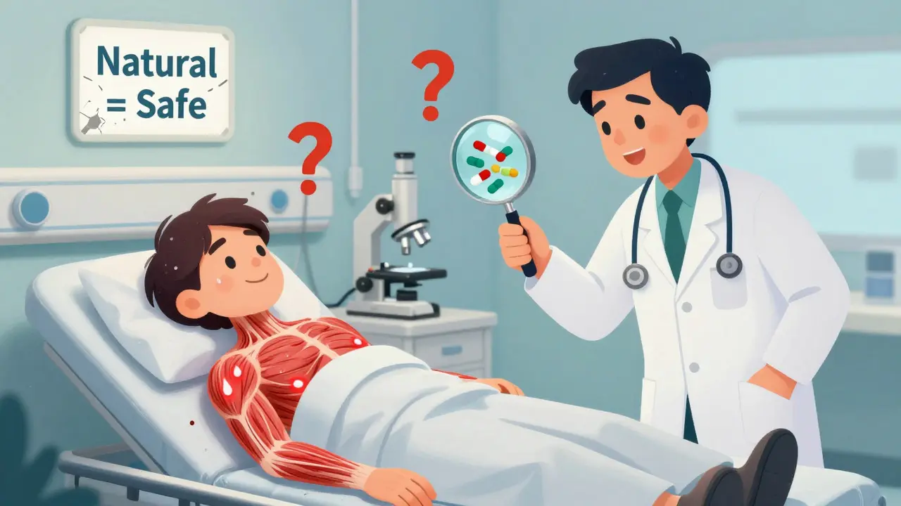 A patient in emergency care with fever and muscle twitching, while a doctor reveals the hidden drug combo under a microscope.