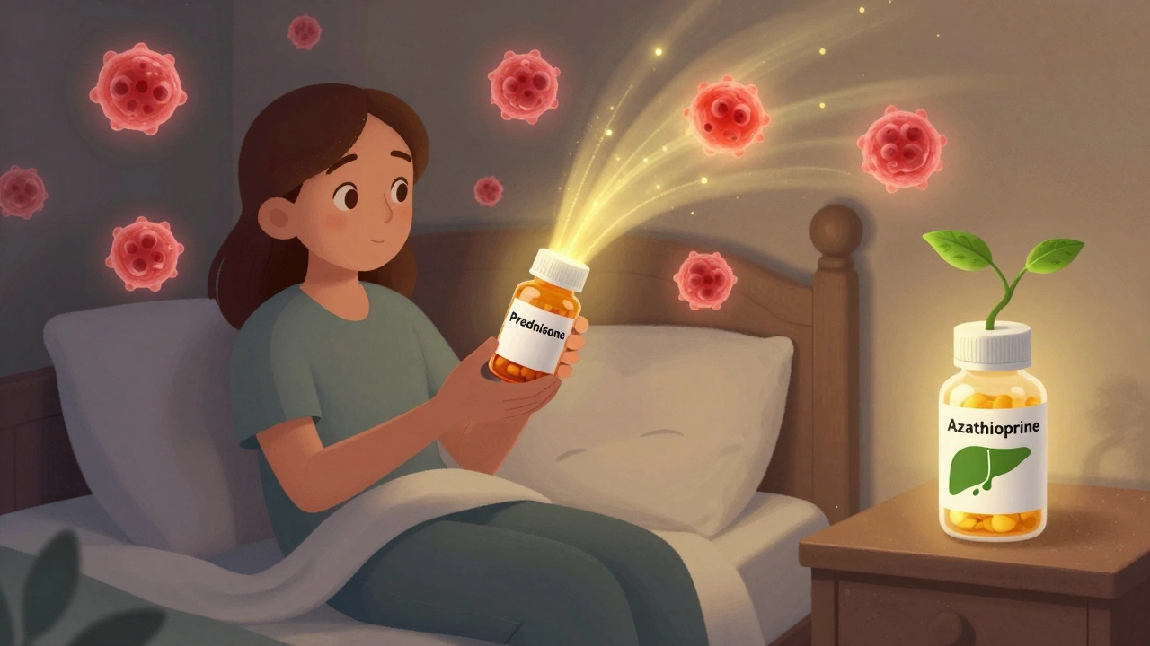 A patient resting as golden light from medication calms immune cells, with a healing vine growing nearby.