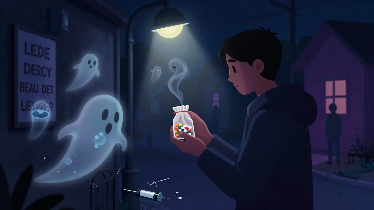 A person in a dark alley holding pills as ghostly fentanyl molecules swirl around them.