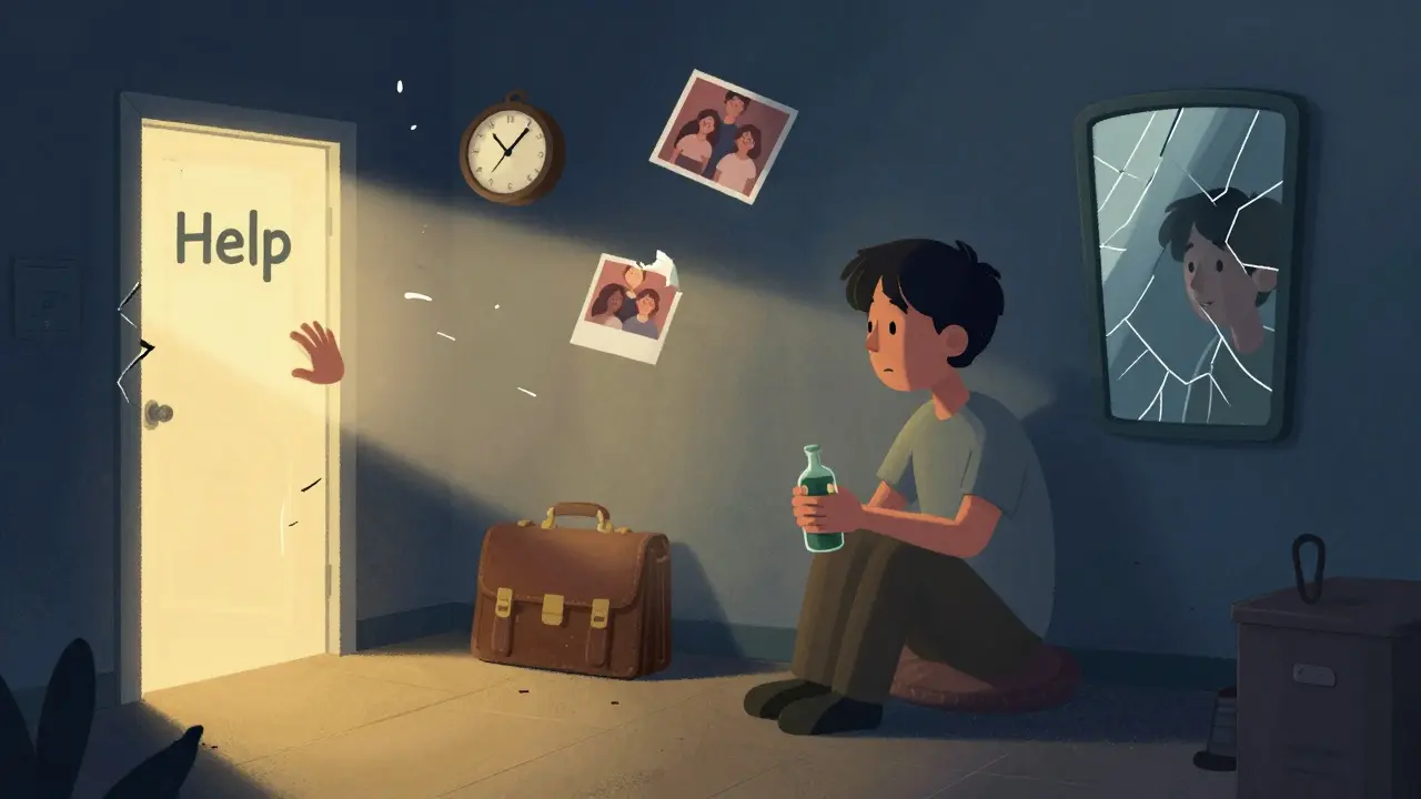 A person reaching toward a glowing door of help while surrounded by symbols of loss in a dim room.