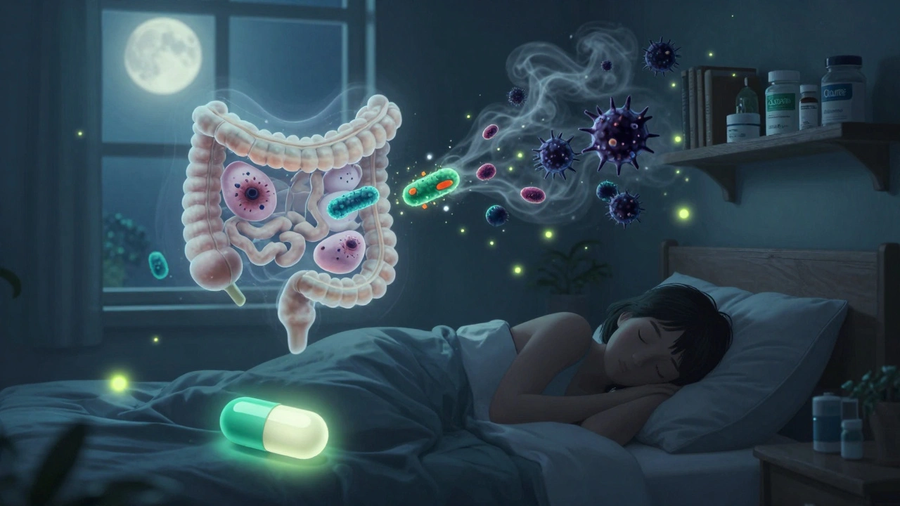 A person sleeping as probiotics fight antibiotic resistance genes in their gut under moonlight.