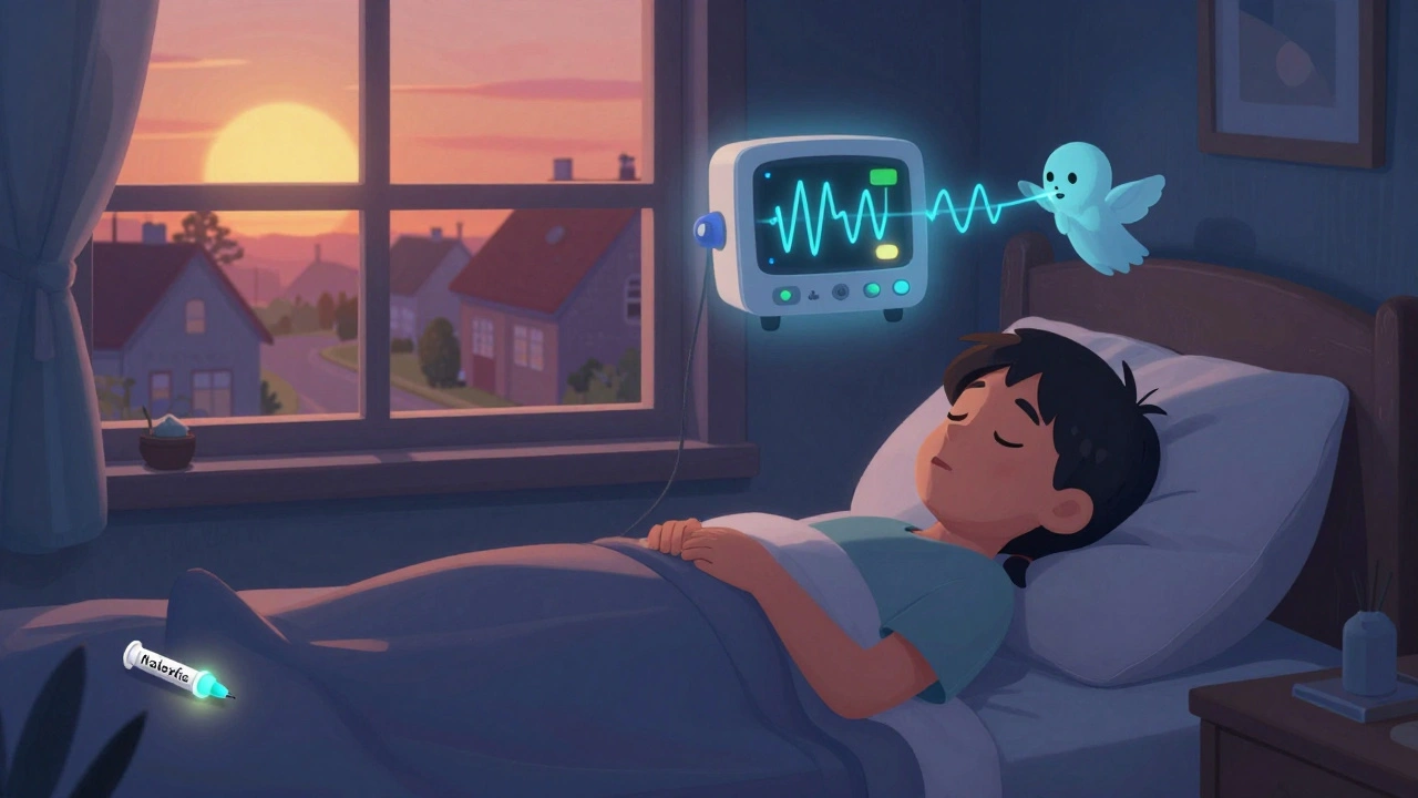 A person sleeps safely as a glowing monitor tracks their breathing, with sunrise light filling the room.