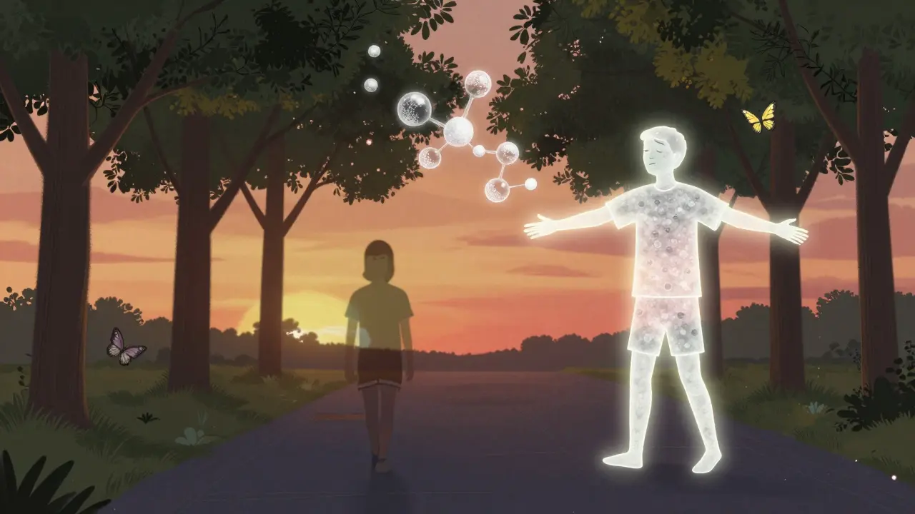 A person walking at sunset as their tired self fades and a healthier version awaits ahead.