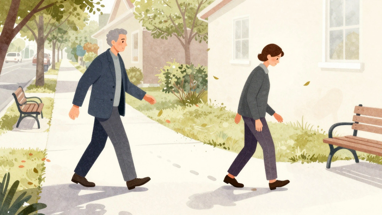 A person walking with stiff, shuffling steps compared to a confident stride, with fading footprints.