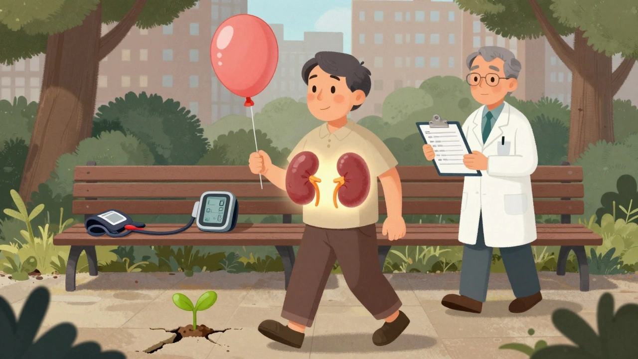 A person walks in a park with glowing enlarged kidneys, doctor and eGFR chart nearby, symbolizing management.