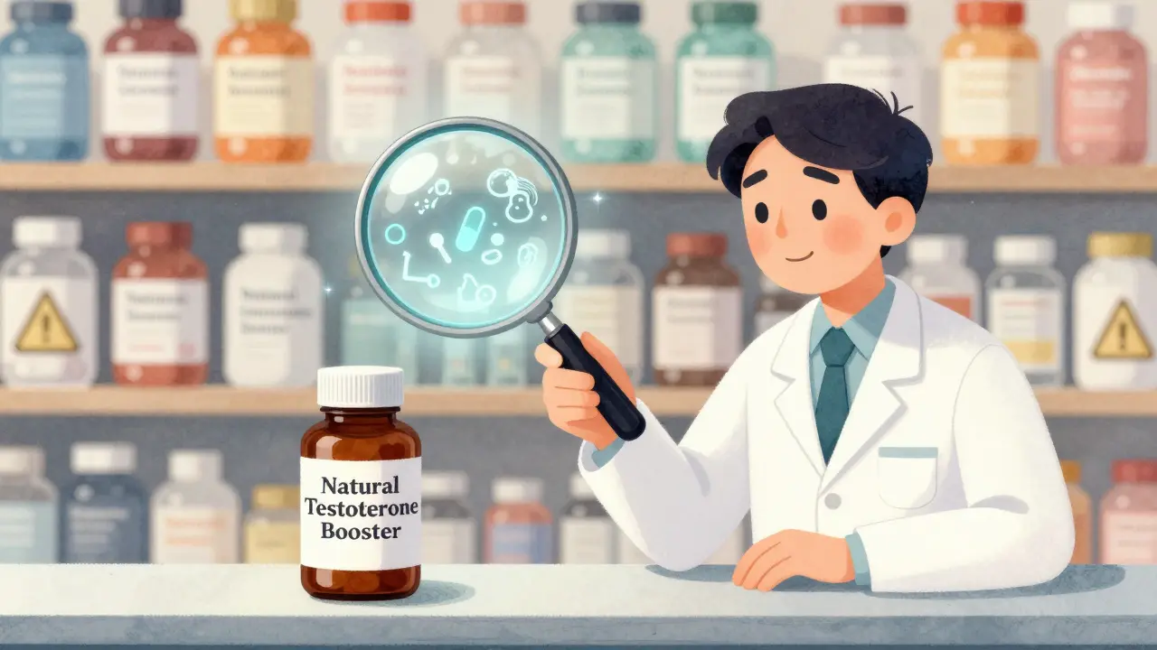 A pharmacist uses a magnifying glass to reveal hidden drugs inside a supposedly natural supplement.